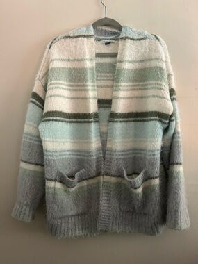 American Eagle Soft Striped Open Cardigan - Green, Blue, & Gray